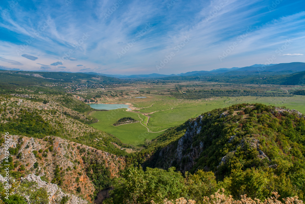 Panoramic view of the Imotski valley with the Prolosko Lake in Dalmatia, Croatia.