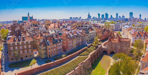 Warsaw, Poland Historic cityscape skyline roof with colorful arc