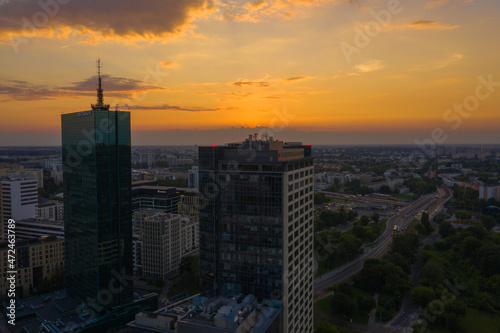 Warsaw, Poland capital city drone aerial view in summer sunset