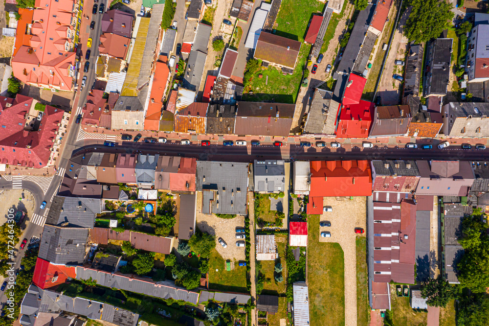 Top aerial panoramic view of Lowicz old town historical city cen