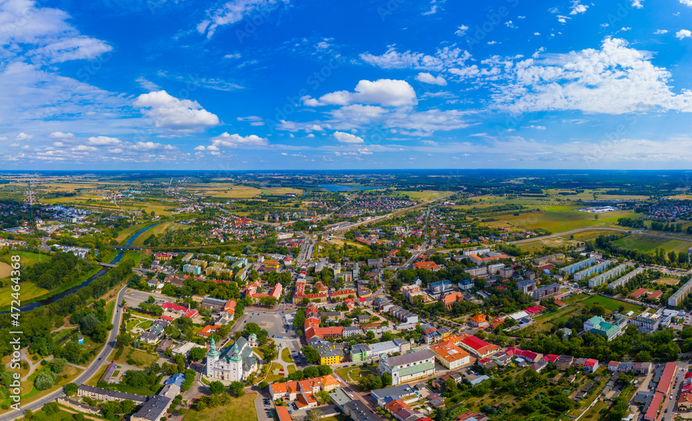 Top aerial panoramic view of Lowicz old town historical city cen