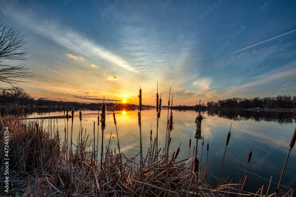 sunset on the lake through the cattails sunset on the lake through the cattails