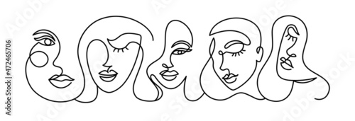 Face of an abstract woman in a modern abstract minimalist one line style. Continuous black line faces simple drawing. Isolated on white. Vector fashion illustration.