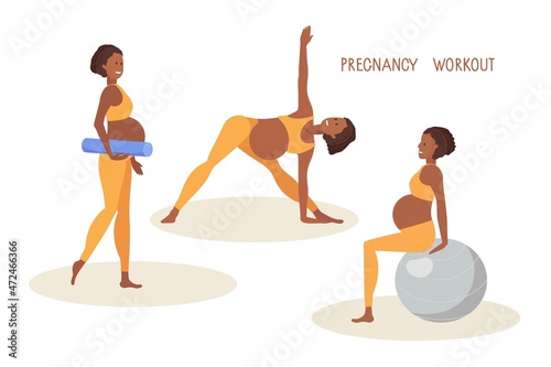 Sports lifestyle during pregnancy. Exercises with fitball, yoga for pregnant women. Pregnant African American woman in sportswear makes Exercises Women healthy life style concept. Prenatal Exercises