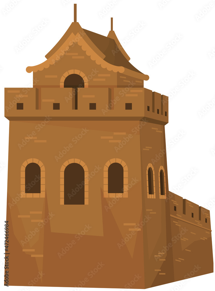 Medieval European stone castle. Knight s fortress. Ancient structure for protection and defense. Military defensive building with high walls, windows, gates and tower. Fortress or castle in old town