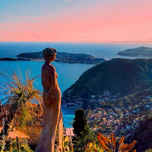 Beautiful view of the village of Eze, a botanical garden with cacti, Mediterranean, French Riviera