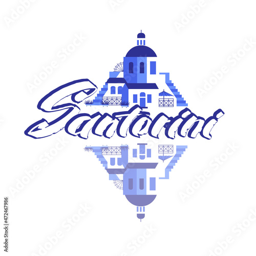 Santorini city name and city sights in blue-white color. Hand drawn lettering and vector illustration in flat style for touristic industry