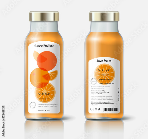 Orange juice packaging. Beautiful transparency whole and cut fruits. Bottle template with face and back labels. 