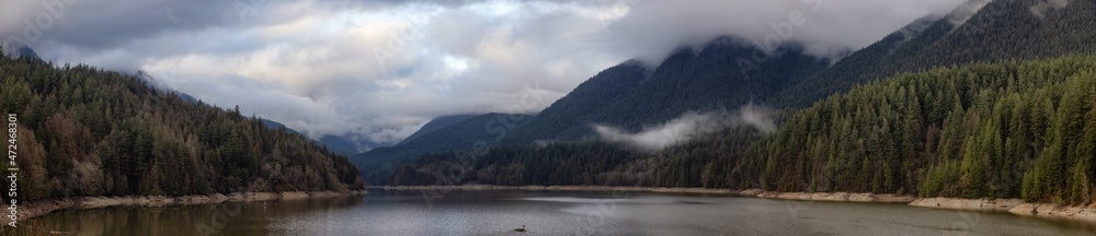 Panoramic View of Cleveland Dam and Capilano Lake in Canadian Mountain Nature Landscape. North Vancouver, British Columbia, Canada.
