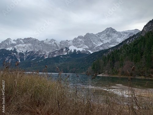 Eibsee in Autumn November with sunshine, trees and the Zugspitze mountain in the background, Bavaria Allgäu Germany 