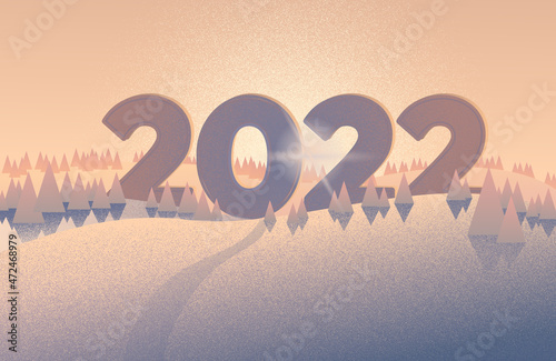 Christmas poster winter landscape, greeting card design New Year 2022 numbers typography