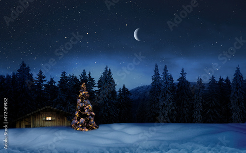 Leuchtender Weihnachtsbaum mit einer Belueuchtetend Hütte in einer Winternach...