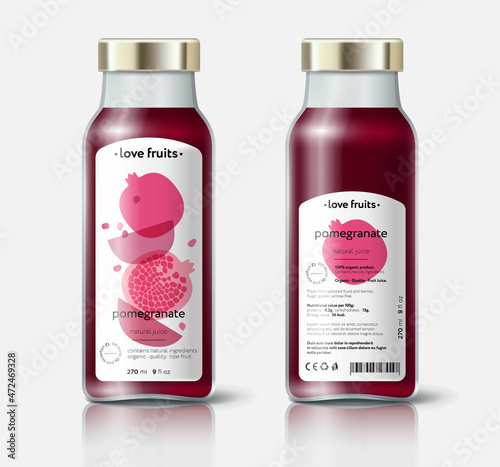 Pomegranate juice packaging. Beautiful transparency whole and cut fruits. Bottle template with face and back labels. 