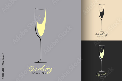 Glass of champagne. Set of three variants in different colors. Minimalist trendy contemporary design. Best for web, print, logo creating and branding design. Sparkling wine logotype concept.