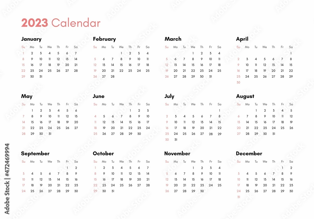 Pocket calendar on 2023 year. Horizontal view. Week starts from Sunday. Vector template calendar for business on white background. Pocket calendar on 2023 year. Horizontal view. Week starts from Sunday. Vector template calendar for business on white background.