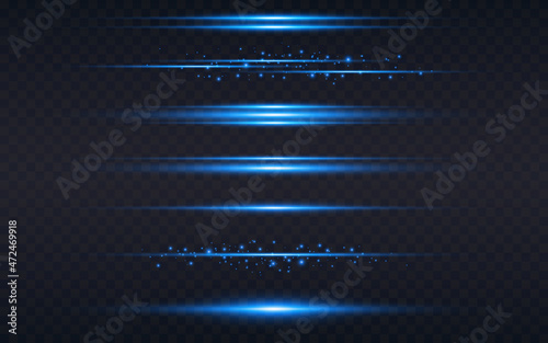 Light lines. Blue horizontal lights set. Neon glowing elements with particles. Bright laser beams on dark background. Colored strings collection. Vector illustration