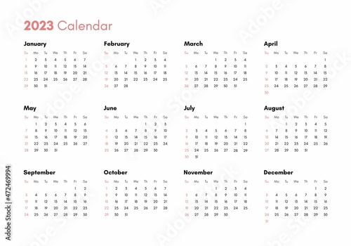 Pocket calendar on 2023 year. Horizontal view. Week starts from Sunday. Vector template calendar for business on white background.