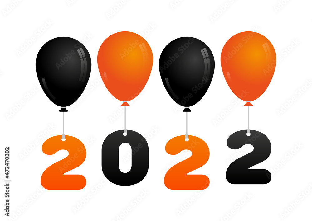 Numbers and balloons in black and orange on a white background. Concept of holiday or new year 2022. Vector, illustration Numbers and balloons in black and orange on a white background. Concept of holiday or new year 2022. Vector, illustration