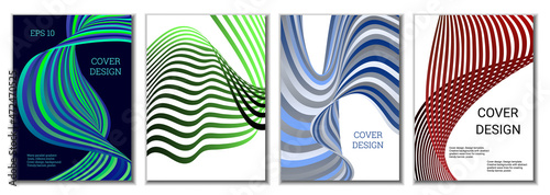 A set of 4 abstract covers. Wavy parallel gradient lines, ribbons evolve. Cover design, background. Trendy banner, poster.