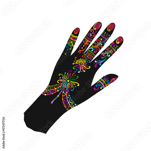 Female Hand with mehendi tattoo ornament for your design. Indian traditional lifestyle.
