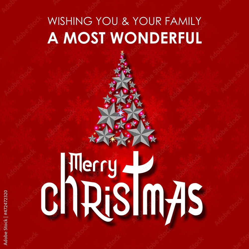 Merry Christmas and Happy New Year lettering template. Invitation greeting banner in white lettering with christmas tree made of stars and red background with snowflake symbol