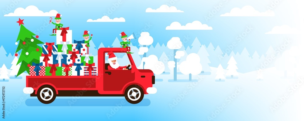 Santa Claus truck with gifts and elf helpers. Santa is carrying gifts in the truck - template for banner, postcard. Vector illustration. Santa Claus truck with gifts and elf helpers. Santa is carrying gifts in the truck - template for banner, postcard. Vector illustration.