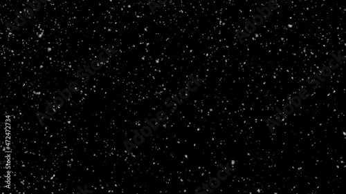 High-quality motion animation of repeated snow falling on a black background. Falling snow, seamless loopable background footage. Christmas snowflakes swirl and fall slowly against a black background