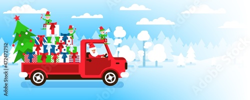 Santa Claus truck with gifts and elf helpers. Santa is carrying gifts in the truck - template for banner, postcard. Vector illustration.