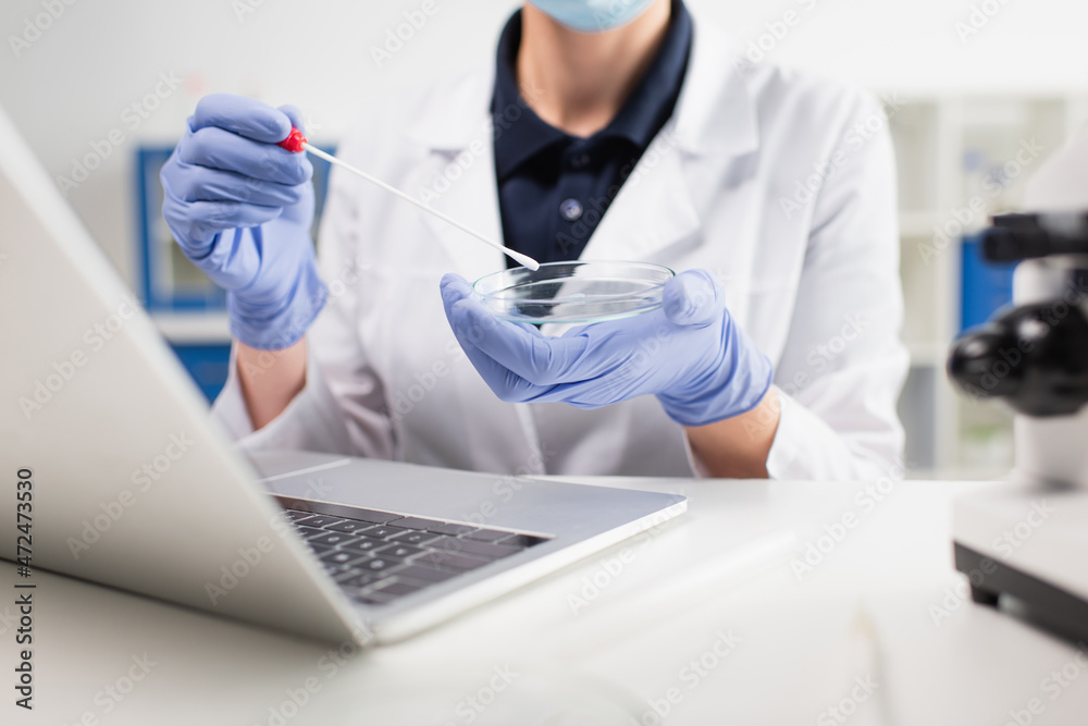 Cropped view of scientist holding petri dish and pcr test near laptop in lab. Cropped view of scientist holding petri dish and pcr test near laptop in lab.