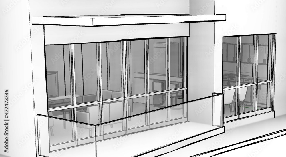 3d illustration of a home facade partial perspective. Living room and kitchen seen behind the windows. Monochrome scene in hand sketch style with ambient shadows. 3d illustration of a home facade partial perspective. Living room and kitchen seen behind the windows. Monochrome scene in hand sketch style with ambient shadows.