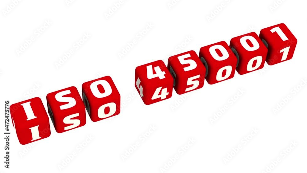 Abbreviation ISO 45001 (is an international standard that specifies requirements for an occupational health and safety management system) is made from red cubes arranged in a row on a white surface Abbreviation ISO 45001 (is an international standard that specifies requirements for an occupational health and safety management system) is made from red cubes arranged in a row on a white surface