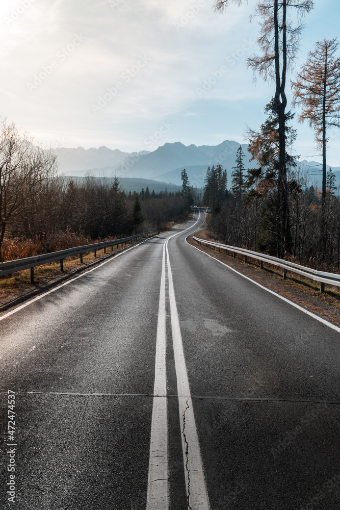 Naklejka premium Alpine road with dangerous curves in the Polish Tatra Mountains, between Poland and Slovakia. Nice driving in the nature with fog and sun in the autumn forest.
