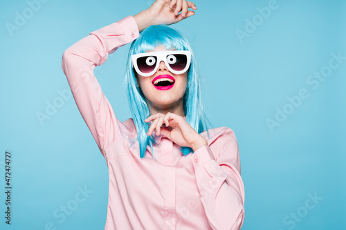 beautiful woman in blue wig sunglasses Glamor fashion