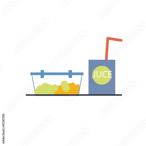 Vector cartoon flat container with salad,glass of juice,kitchenware isolated on empty background-balanced diet,healthy eating and food cooking concept,web site banner ad design