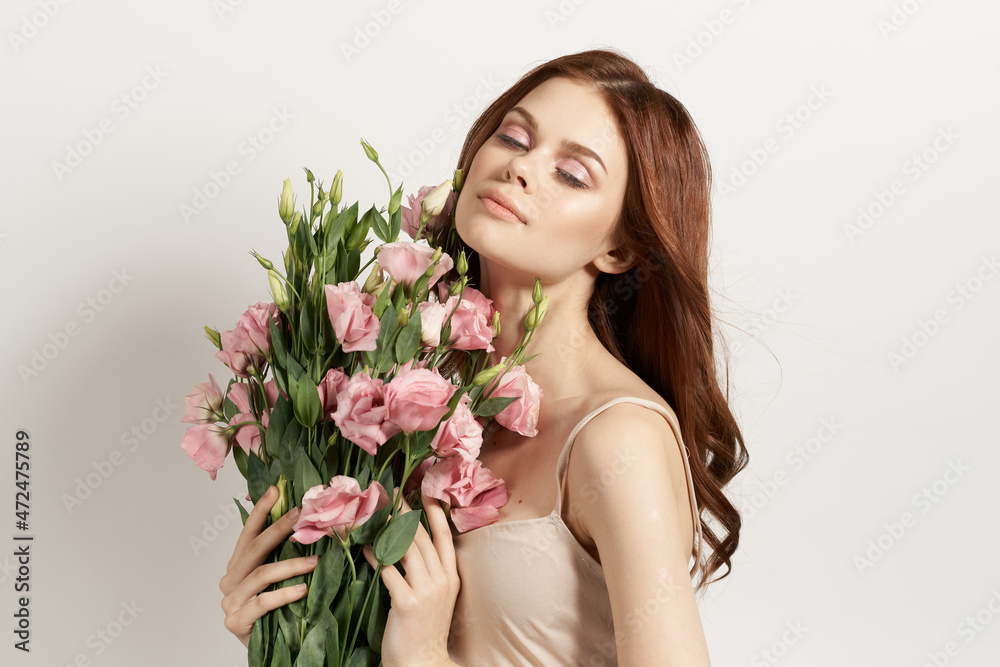 attractive woman in dress posing flowers makeup light background attractive woman in dress posing flowers makeup light background