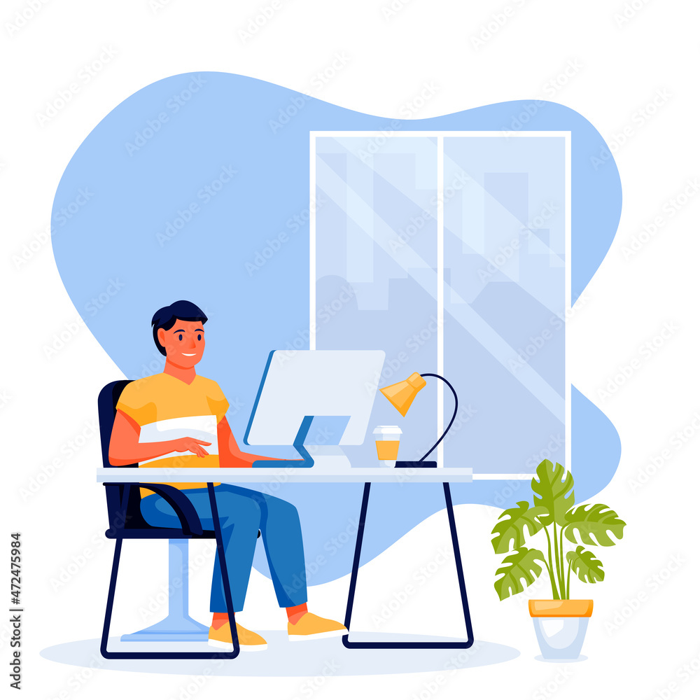 Work at home remote work freelance concept. Man freelancer sitting at the  table and using computer. Vector illustration Векторный объект Stock |  Adobe Stock