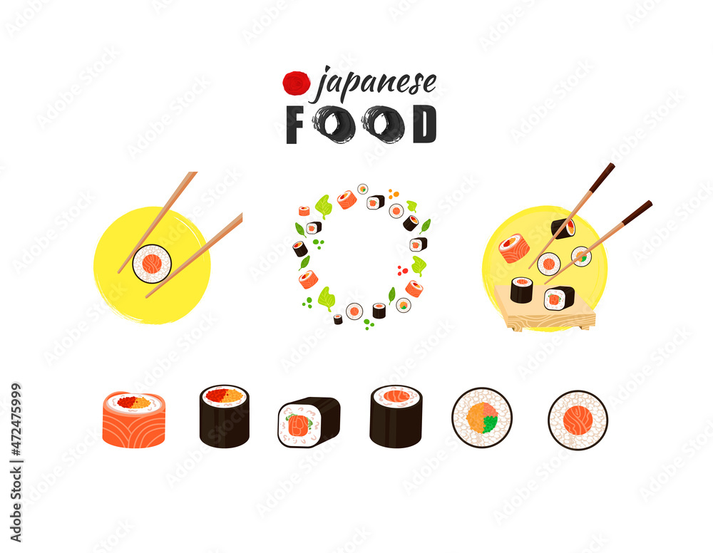 Set of Sushi and Rolls, Japanese Food Icons Collection Isolated on White Background.