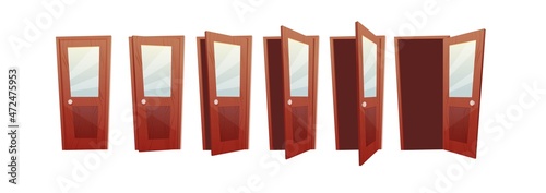 Opening door stages for animation in 2d game. Wooden door with glass inserts. Cartoon vector illustration.
