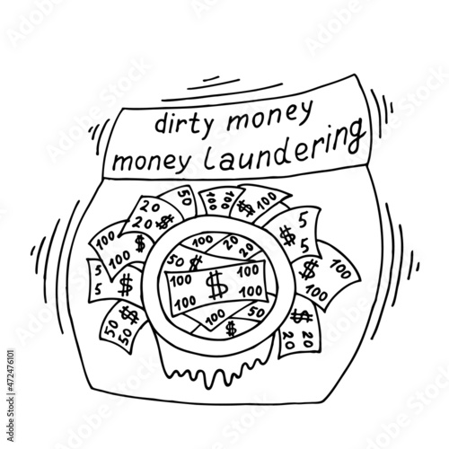The washing machine is full of dirty money.The concept of money laundering, corruption, financial fraud.