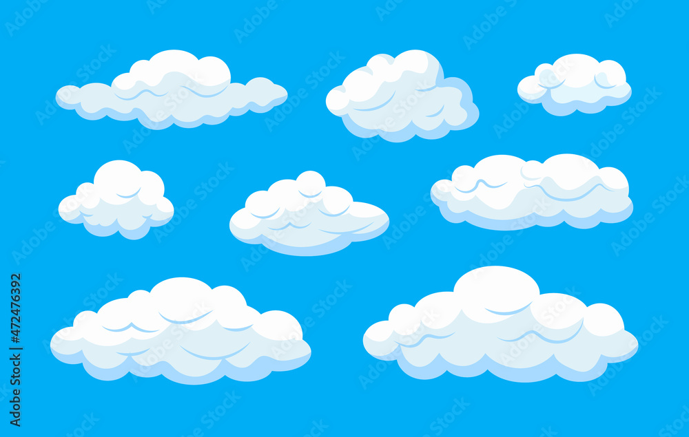 Cartoon Clouds Set, Sky Blue Background and White Clouds.