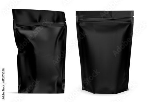 Black coffee bag. Zip protein package mockup design. Aluminum foil pouch, realistic snack food, nuts pack blank. Whey protein sport container. Resealable ziper sachet, tea packaging
