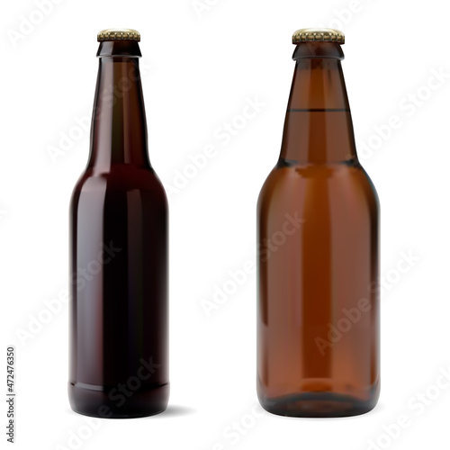 Brown beer bottle mockup. Alcohol beverage glass bottle collection. Realistic pub drink product container, tin illustration template. Dark bottle blank design with neck and cap, lager