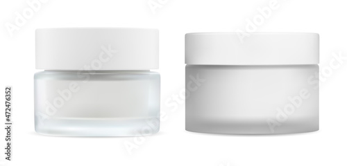 White cream jar. Cosmetic cream glass package mockup. Skin blush care makeup powder product pack, round sample design. Beauty creme container, butter or scrub isolated blank