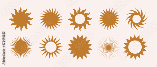 Vector set boho sun logo, icons and symbols. Minimalist geometric various design sun elements. 
All objects are isolated