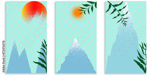 Social media editable covers with grainy effects . Snowed mountain peaks in sunset .Grunge design . Contemporary style . Post frame stories templates. Layout for promotion .Media banner .Vector