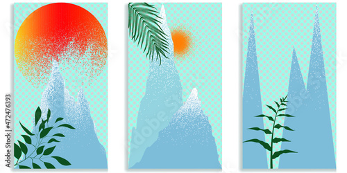 Social media editable covers with grainy effects . Snowed mountain peaks in sunset .Grunge design . Contemporary style . Post frame stories templates. Layout for promotion .Media banner .Vector