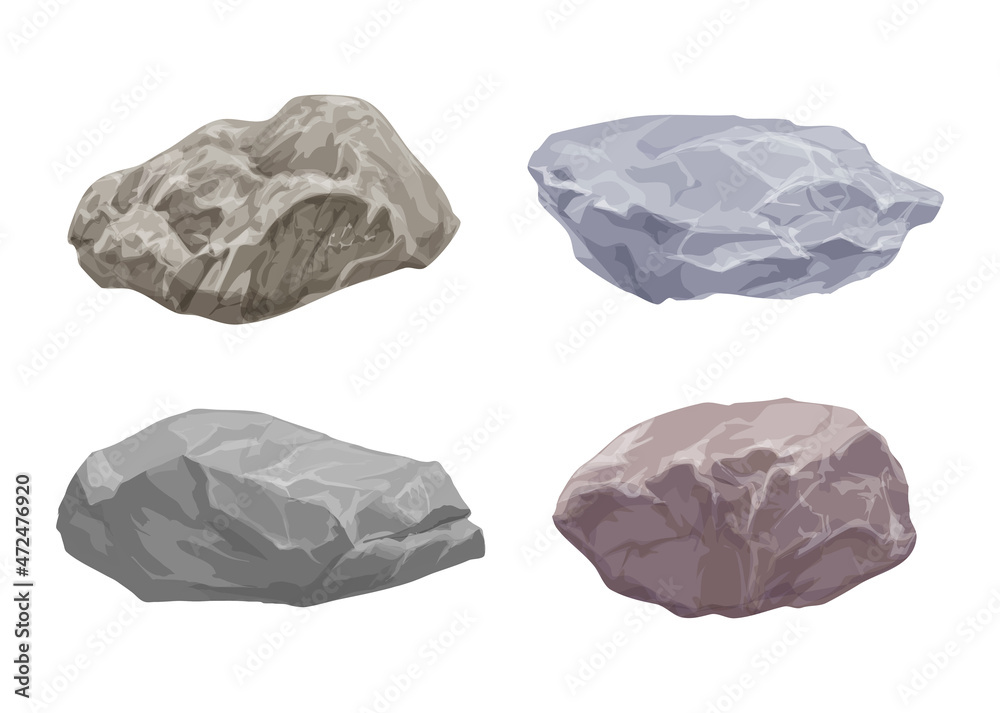 Set of different natural stones on a white background. For illustrations and landscaping. Vector illustration.