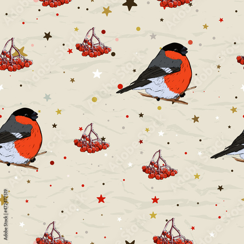 Seamless texture with bullfinch and rowan from new Christmas collection. © tari767