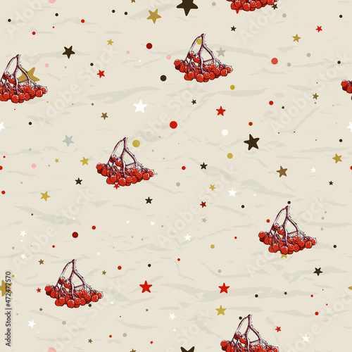 Seamless Christmas pattern with rowan berries ink style.