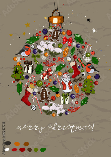 Christmas poster with ball for christmas tree Ink style.